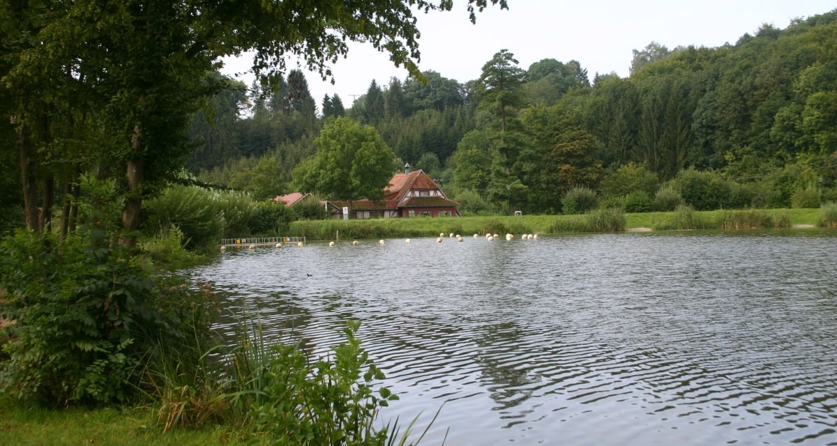 Ein idyllischer See mit einem Fachwerkhaus im Hintergrund, umgeben von üppiger Vegetation und Bäumen., © Touristikgemeinschaft Hohenlohe e. V. | Susanne Schleussner Ein idyllischer See mit einem Fachwerkhaus im Hintergrund, umgeben von üppiger Vegetation und Bäumen., © Touristikgemeinschaft Hohenlohe e. V. | Susanne Schleussner