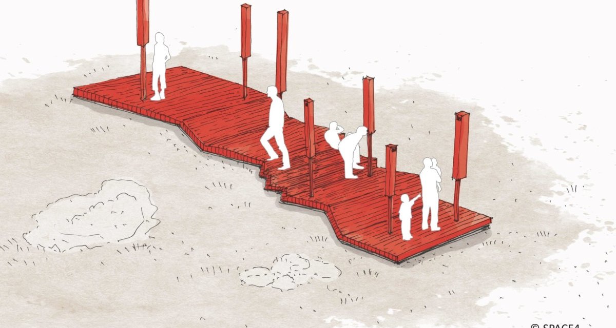 Illustration eines roten Holzstegs mit vertikalen Pfosten und stilisierten Menschenfiguren, die darauf stehen. Der Steg hat eine unregelmäßige Form., © Verband Region Stuttgart Illustration eines roten Holzstegs mit vertikalen Pfosten und stilisierten Menschenfiguren, die darauf stehen. Der Steg hat eine unregelmäßige Form., © Verband Region Stuttgart