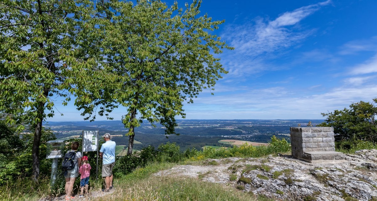 Drei Personen betrachten eine Informationstafel auf einem H&uuml;gel. Im Hintergrund erstreckt sich eine weite Landschaft unter blauem Himmel., &copy; Foto Thomas Zehnder