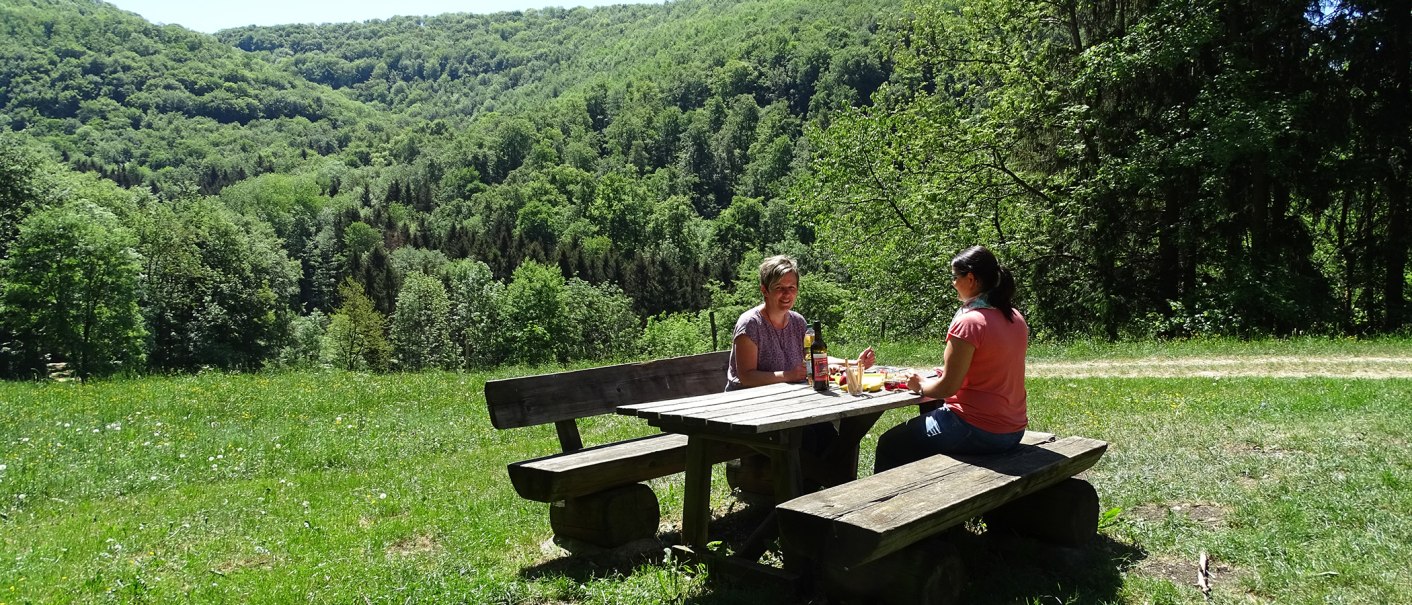 Zwei Personen sitzen an einem Holztisch auf einer grünen Wiese, umgeben von Wald. Sie genießen ein Picknick bei sonnigem Wetter., © Kurverwaltung Beuren, Kaplan Zwei Personen sitzen an einem Holztisch auf einer grünen Wiese, umgeben von Wald. Sie genießen ein Picknick bei sonnigem Wetter., © Kurverwaltung Beuren, Kaplan
