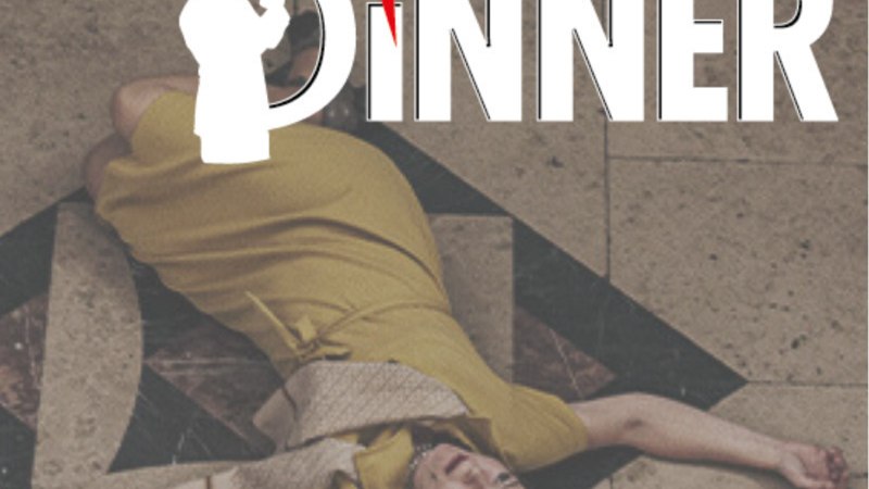 Frau in gelbem Kleid liegt auf gemustertem Boden. Text 'Das Kriminal Dinner' darüber., © engesser marketing GmbH Frau in gelbem Kleid liegt auf gemustertem Boden. Text 'Das Kriminal Dinner' darüber., © engesser marketing GmbH