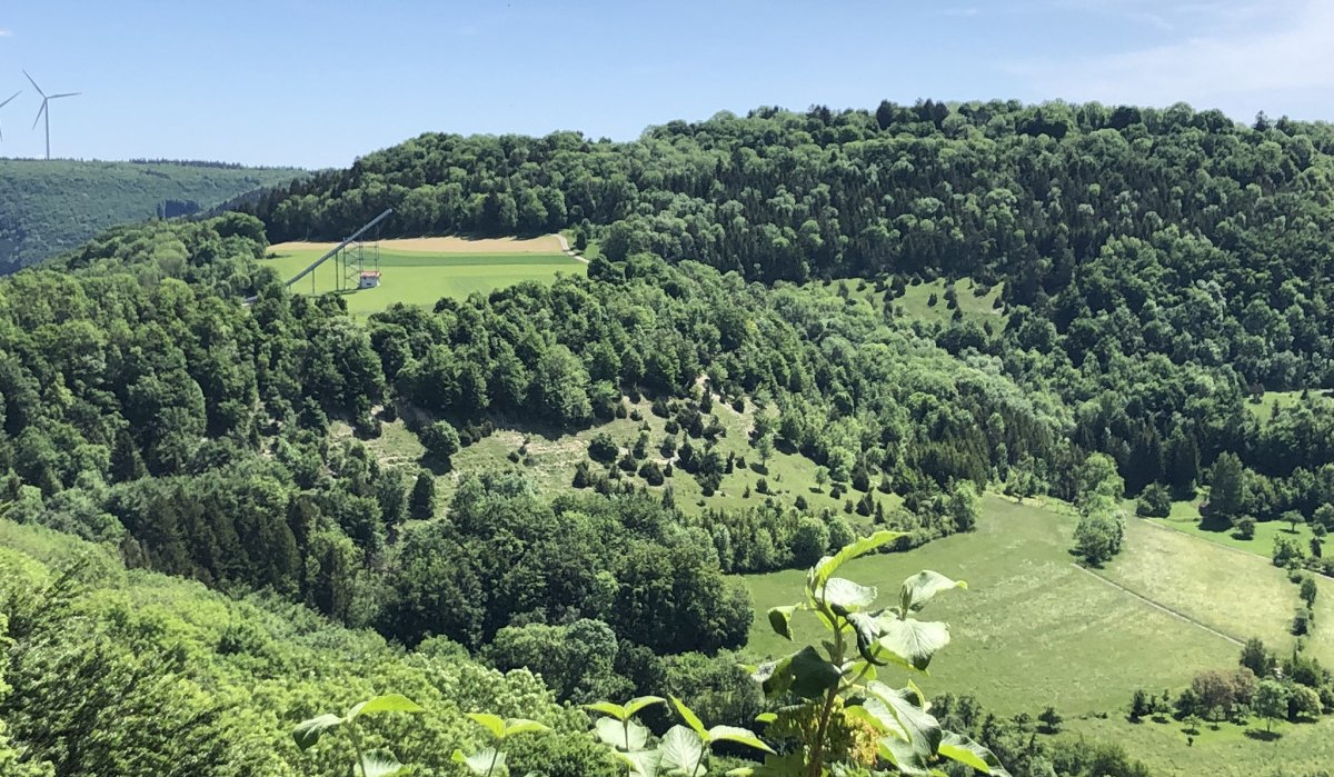 Grüne Hügel und Wälder mit Sprungschanzen in Degenfeld, gesehen vom Aussichtspunkt Kuhberg. Windräder im Hintergrund., © Touristik und Marketing GmbH