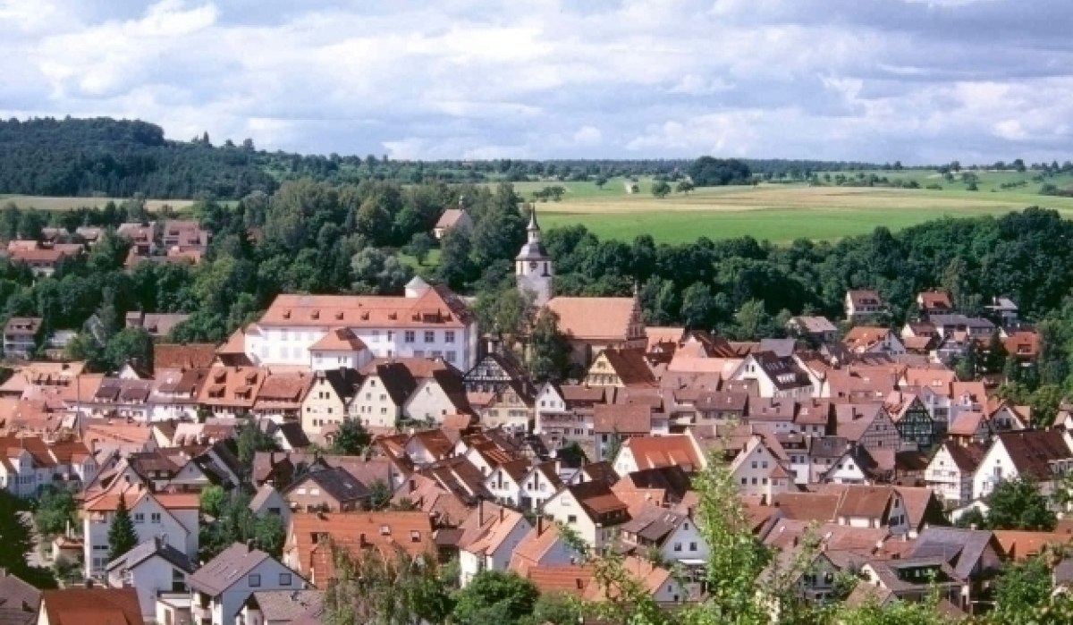 Panoramablick auf Waldenbuch mit roten Dächern, einer Kirche und grüner Landschaft im Hintergrund., © Graphic Design Albig