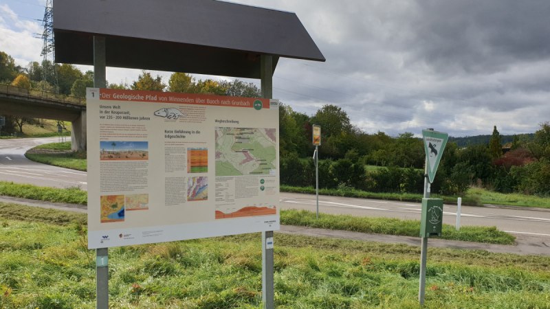 Ein Informationsschild über den Geologischen Pfad von Winnenden nach Grunbach steht neben einer Straße, umgeben von grüner Landschaft., © Stadtverwaltung Winnenden Ein Informationsschild über den Geologischen Pfad von Winnenden nach Grunbach steht neben einer Straße, umgeben von grüner Landschaft., © Stadtverwaltung Winnenden