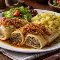 Typisch schw&auml;bisches Gericht: Maultaschen mit Kartoffelsalat.KI-generiertes Stockbild, &copy; KI-generiert