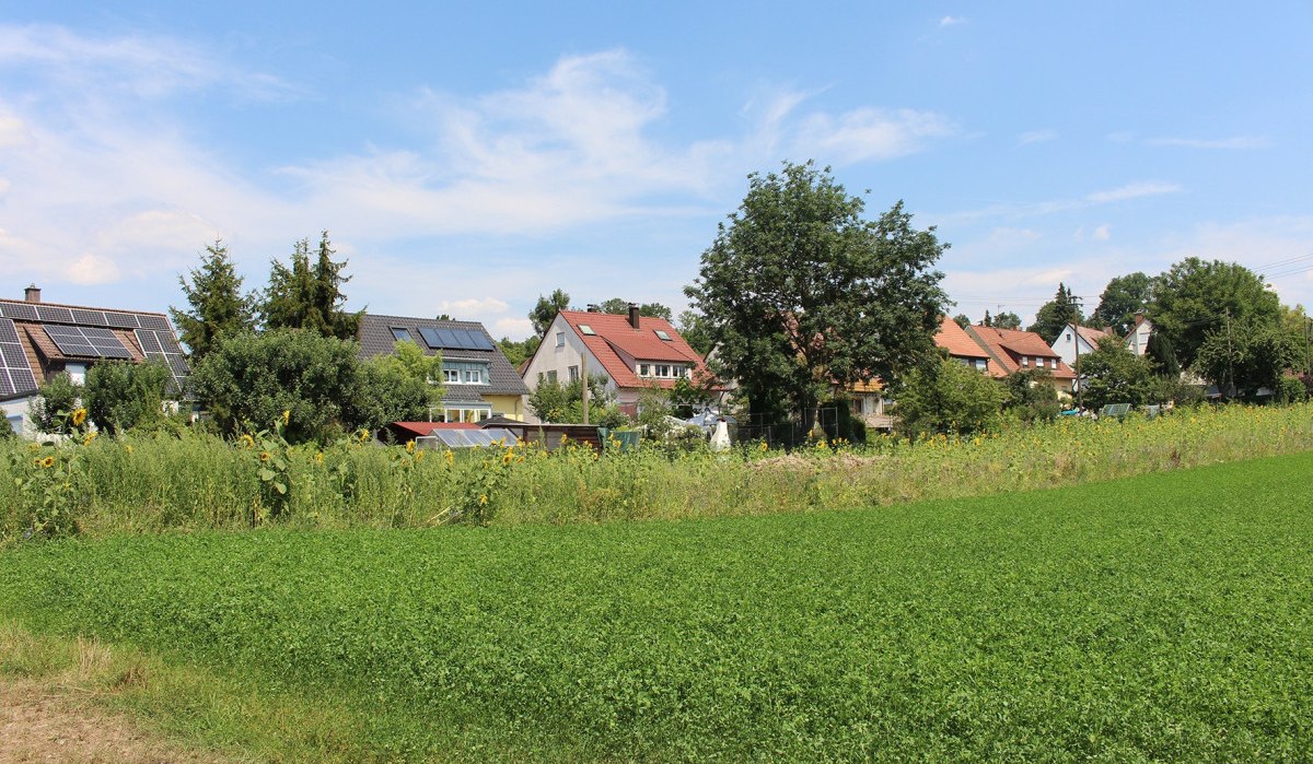 Häuser mit Solarpanelen am Ortsrand, umgeben von Bäumen und grünen Feldern unter blauem Himmel., © Ludwigsburg - Stuttgart-Marketing GmbH