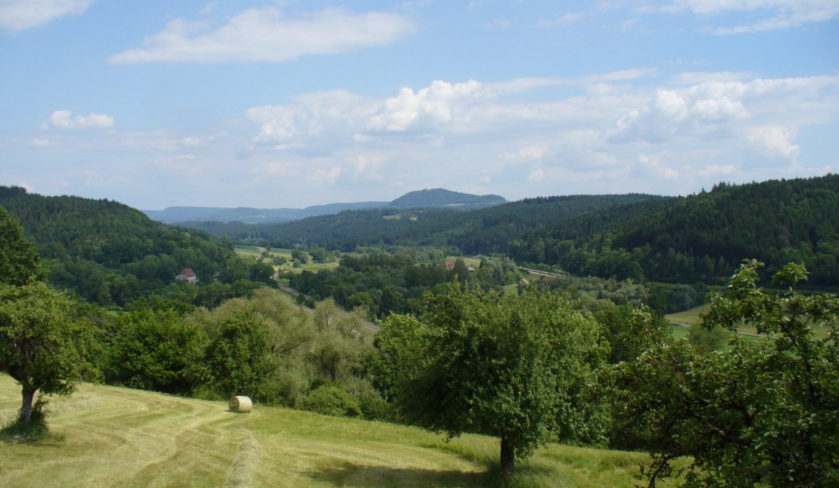 Grüne Wiesen und Bäume erstrecken sich über sanfte Hügel. Im Hintergrund sind bewaldete Hügel und ein blauer Himmel mit Wolken zu sehen., © Remstal Tourismus e.V.