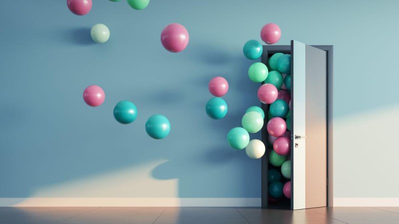 Bunte Bälle schweben aus einer geöffneten Tür in einem Raum mit blauer Wand. Die Bälle sind rosa, grün und türkis., © ©ouh_desire - stock.adobe.com Bunte Bälle schweben aus einer geöffneten Tür in einem Raum mit blauer Wand. Die Bälle sind rosa, grün und türkis., © ©ouh_desire - stock.adobe.com