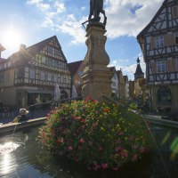 Der Marktbrunnen in Winnenden mit bunten Blumen, umgeben von Fachwerkhäusern. Die Sonne scheint hell und erzeugt Lichtreflexe im Wasser., © SMG, Achim Mende