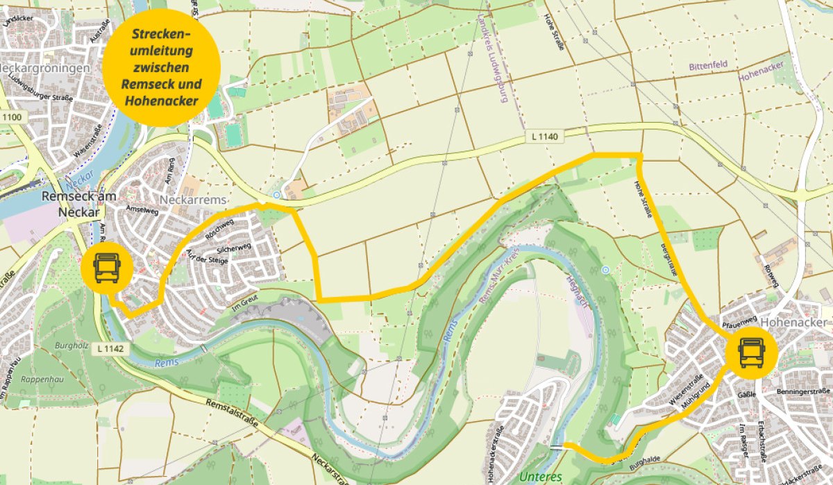 Karte zeigt eine Umleitung zwischen Remseck und Hohenacker. Gelbe Linie markiert die Strecke, Bus-Symbole kennzeichnen Haltestellen.