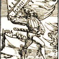 Ein mittelalterlicher Holzschnitt zeigt einen Mann mit Schwert und einem Banner mit der Aufschrift 'Freiheit'. Im Hintergrund sind Gebäude zu sehen., © Für die Bildrechte: Amt für Medien und Kommunikation Schwäbisch Gmünd