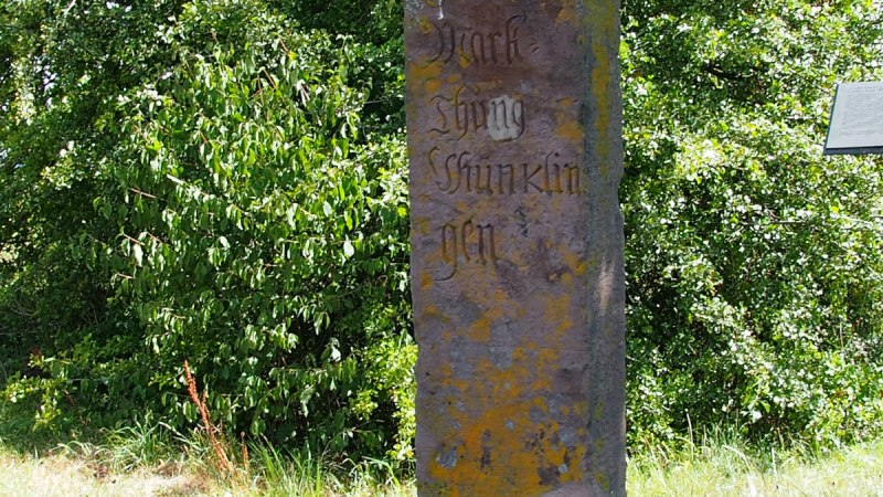 Ein alter Grenzstein mit verwitterter Inschrift steht auf einer Wiese, umgeben von Bäumen und Gras., © Natur.Nah. Schönbuch & Heckengäu Ein alter Grenzstein mit verwitterter Inschrift steht auf einer Wiese, umgeben von Bäumen und Gras., © Natur.Nah. Schönbuch & Heckengäu