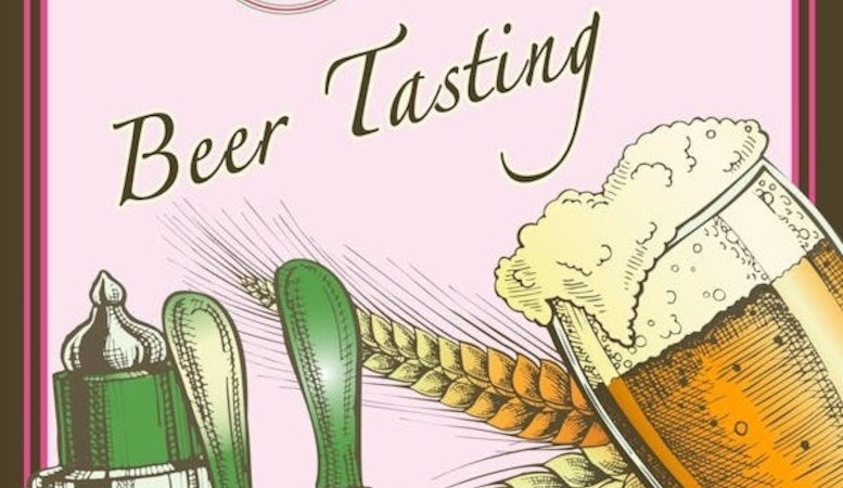 Illustration eines Bierglases und Zapfhahns mit dem Logo von Foxy Bräu. Schriftzug 'Beer Tasting' und Ähren im Hintergrund., © Touristik Bad Wildbad GmbH