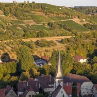 Weinberge erstrecken sich über Hügel, im Vordergrund ein Dorf mit Kirchturm. Die Landschaft ist grün und von Bäumen umgeben., © SMG Mende Weinberge erstrecken sich über Hügel, im Vordergrund ein Dorf mit Kirchturm. Die Landschaft ist grün und von Bäumen umgeben., © SMG Mende