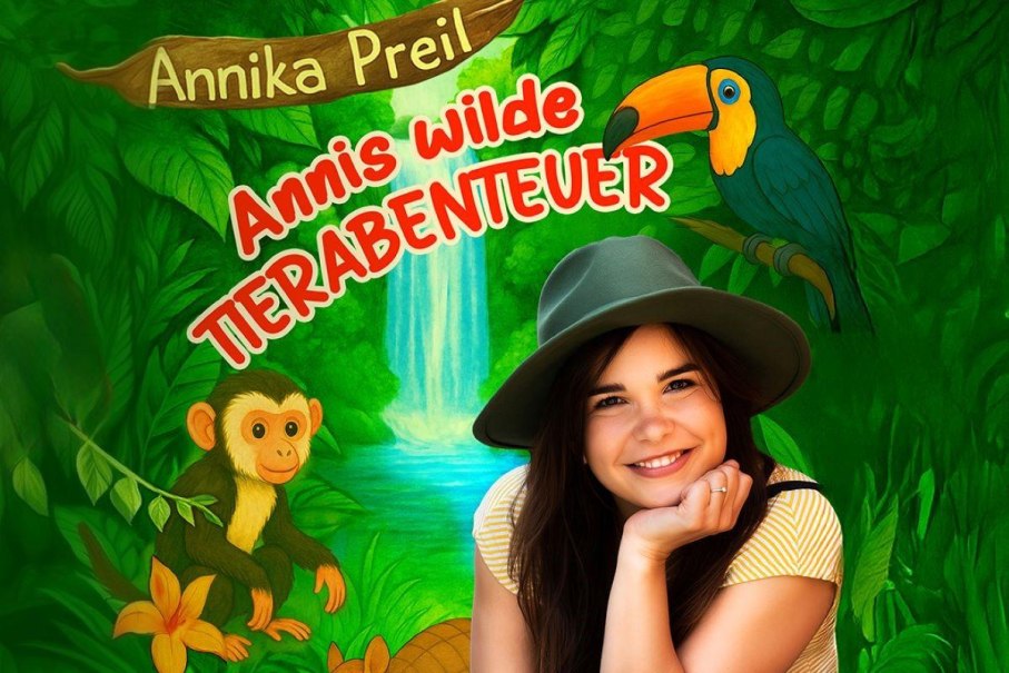 Frau mit grünem Hut lächelt vor einem Dschungelhintergrund mit einem Affen, einem Tukan und einem Wasserfall. Text: Annika Preil - Annis wilde Tierabenteuer., © Daniel Alvarenga