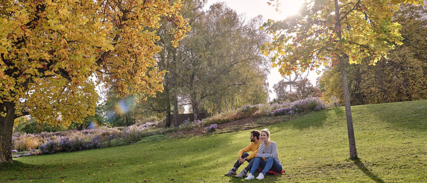 Ein Paar sitzt auf einer Wiese im Rosensteinpark, umgeben von herbstlichen Bäumen und Blumen. Die Sonne scheint durch die Blätter., © SMG, Christoph Düpper