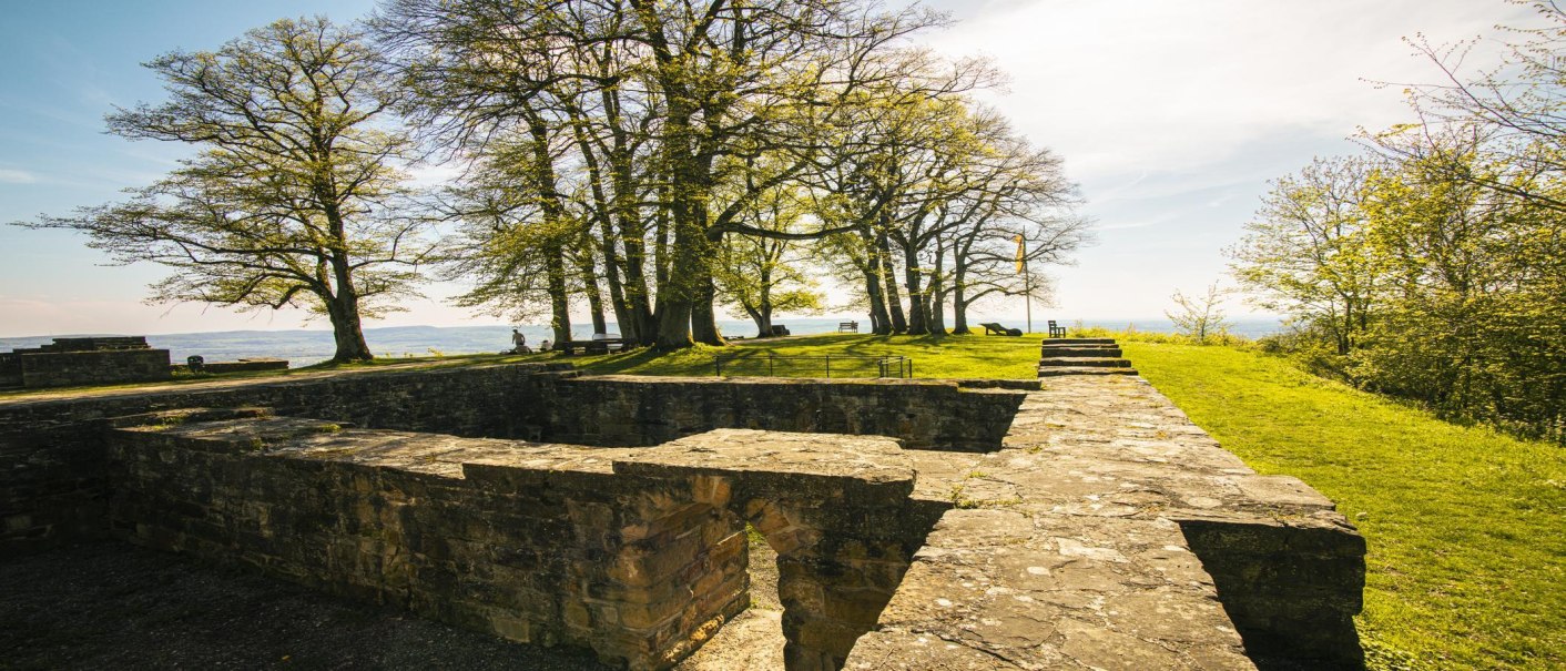 Ruinen der Burg Hohenstaufen in Göppingen, umgeben von Bäumen und grüner Wiese. Ein sonniger Tag mit klarem Himmel., © SMG, Sarah Schmid Ruinen der Burg Hohenstaufen in Göppingen, umgeben von Bäumen und grüner Wiese. Ein sonniger Tag mit klarem Himmel., © SMG, Sarah Schmid