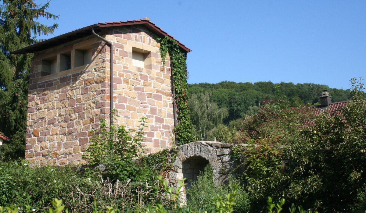 Steinerner Turm mit roten Dachziegeln, bewachsen mit Efeu, umgeben von grüner Vegetation und Bäumen, unter klarem blauem Himmel., © Natur.Nah. Schönbuch & Heckengäu Steinerner Turm mit roten Dachziegeln, bewachsen mit Efeu, umgeben von grüner Vegetation und Bäumen, unter klarem blauem Himmel., © Natur.Nah. Schönbuch & Heckengäu