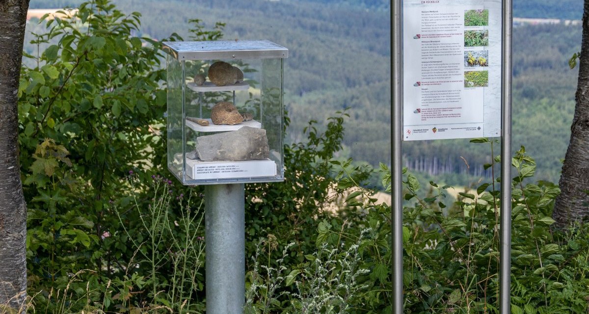 Infotafel und Gesteinsvitrine am geologischen Pfad Hohenrechberg, umgeben von B&auml;umen und mit Blick auf eine h&uuml;gelige Landschaft., &copy; Foto Thomas Zehnder