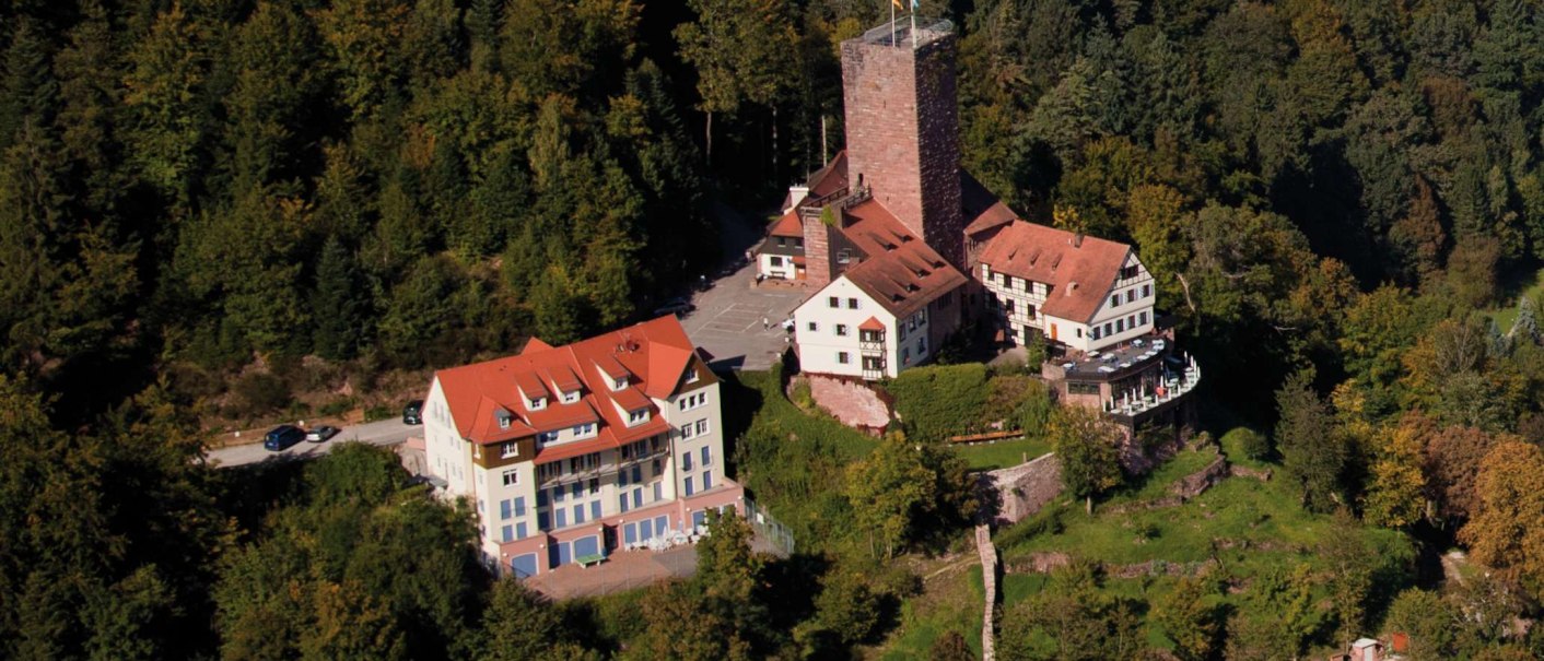 Luftaufnahme der Burg Liebenzell im Schwarzwald, umgeben von dichtem Wald. Die Burg hat einen markanten Turm und mehrere Gebäude mit roten Dächern., © Stuttgart-Marketing GmbH
