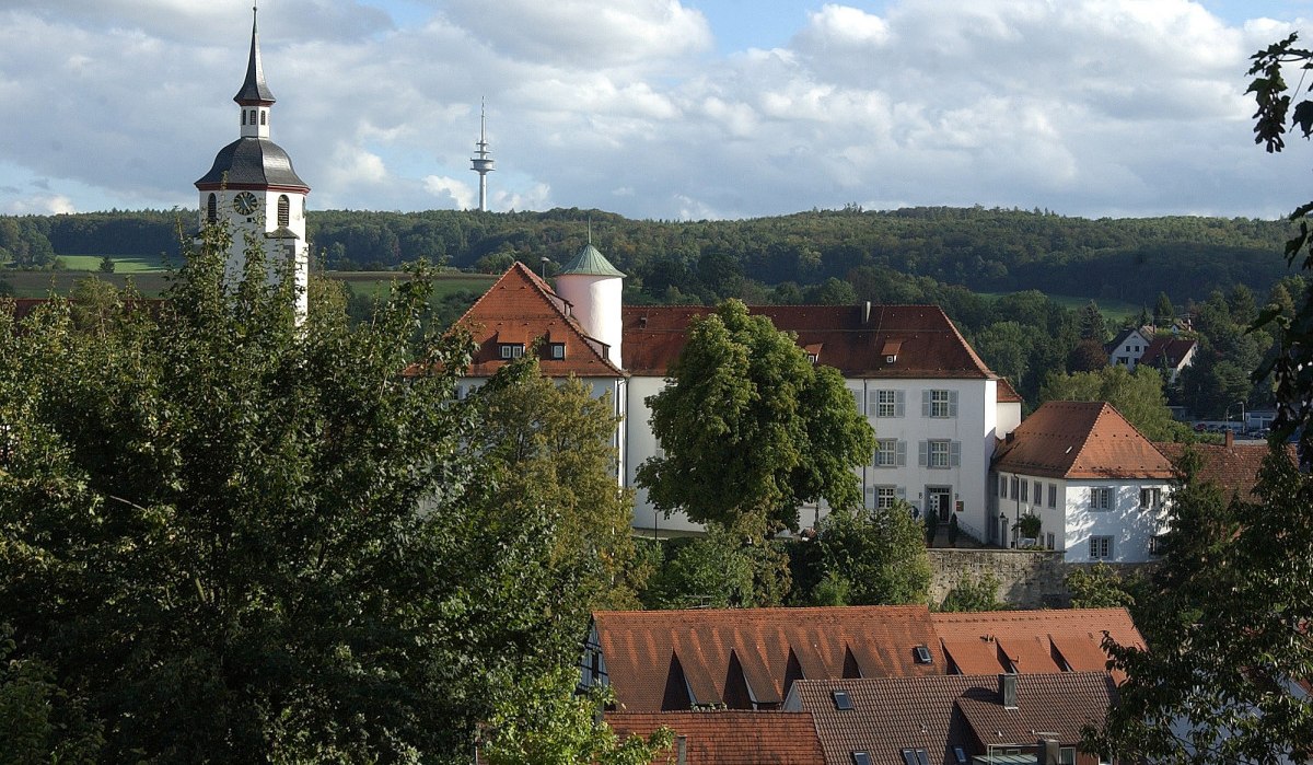 Ein Schloss mit rotem Dach und Kirchturm, umgeben von Bäumen und Hügeln. Im Hintergrund ist ein Fernsehturm zu sehen., © Natur.Nah. Schönbuch & Heckengäu Ein Schloss mit rotem Dach und Kirchturm, umgeben von Bäumen und Hügeln. Im Hintergrund ist ein Fernsehturm zu sehen., © Natur.Nah. Schönbuch & Heckengäu