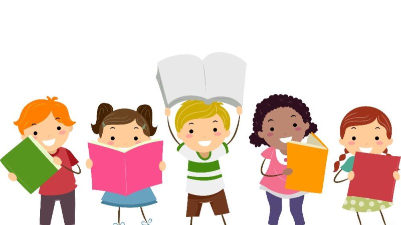 F&uuml;nf fr&ouml;hliche Kinder halten bunte B&uuml;cher in den H&auml;nden. Sie stehen nebeneinander und l&auml;cheln., &copy; co. AdobeStock_DesignStudio