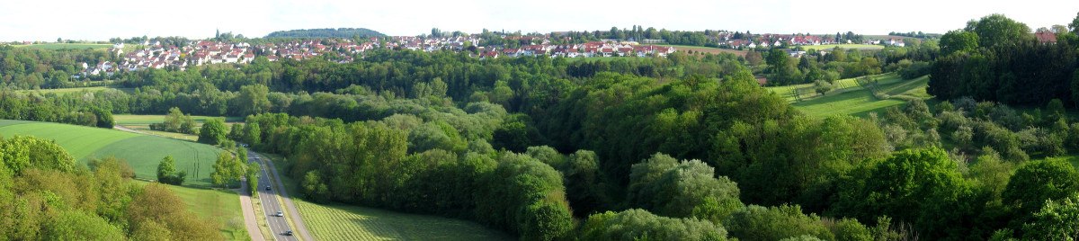 Panorama von Erdmannhausen mit grünen Wäldern und Feldern im Vordergrund, im Hintergrund eine Siedlung mit roten Dächern., © Von Ludwigs Unbürger - Eigenes Werk, CC BY-SA 4.0, https://commons.wikimedia.org/w/index.php?curid=49152104
