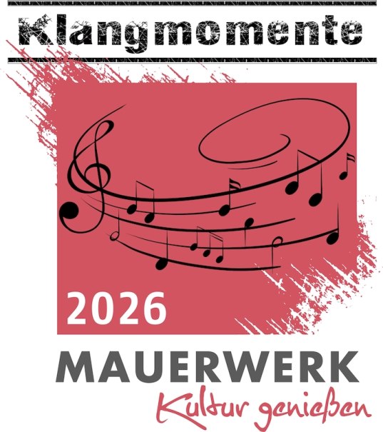 Grafik mit Notenlinien auf rotem Hintergrund, Text: 'Klangmomente 2026 Mauerwerk Kultur genießen'., © Mauerwerk GmbH Grafik mit Notenlinien auf rotem Hintergrund, Text: 'Klangmomente 2026 Mauerwerk Kultur genießen'., © Mauerwerk GmbH