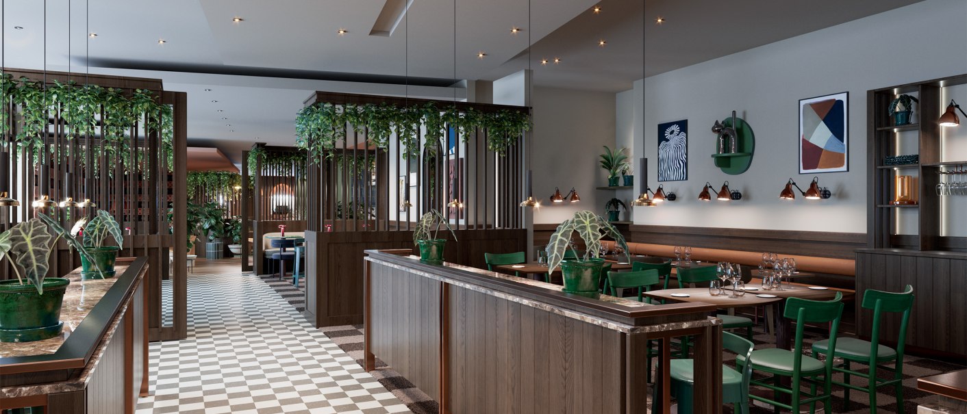 Ein modernes Restaurant mit Holzmöbeln, grünen Stühlen und Pflanzen. Der Boden ist kariert, und die Wände sind mit Kunstwerken dekoriert., © Scandic Hotels