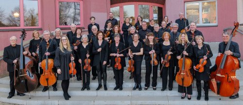 Das N&uuml;rtinger Kammerorchester posiert mit Streichinstrumenten auf einer Treppe vor einem roten Geb&auml;ude., &copy; NKO