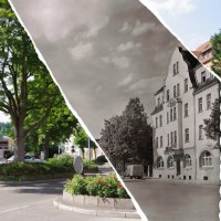 Collage zeigt Plochingen im Wandel der Zeit mit alten und neuen Ansichten der Stadt, darunter ein Hotel und ein Kreisverkehr., &copy; PlochingenInfo