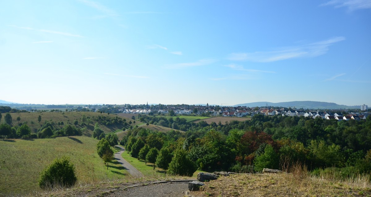 Panoramablick vom Oeffinger Berg auf eine grüne Landschaft mit Wiesen, Bäumen und einer Siedlung im Hintergrund unter klarem, blauem Himmel., © Fellbach Tourismus