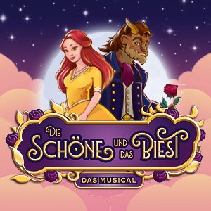 Belle und das Biest vor einem Mond, umgeben von rosa Wolken. Schriftzug: 'Die Sch&ouml;ne und das Biest - Das Musical'., &copy; Theater Liberi