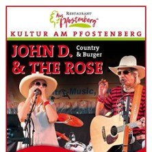 Plakat für John D & The Rose, Country & Burger Abend im Restaurant am Pfostenberg. Zwei Musiker mit Hüten und Gitarren auf der Bühne., © links im Bild
