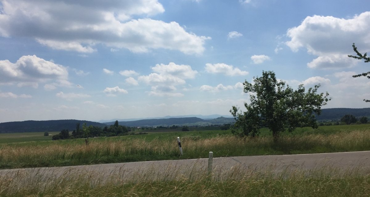 Weite Landschaft mit einer Wiese im Vordergrund, einem Baum und einer Stra&szlig;e. Der Himmel ist blau mit wei&szlig;en Wolken., &copy; www.pro-cycl.de