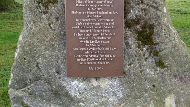 Gedenkstein mit Inschrift f&uuml;r Barbara Gonzaga von Mantua (1455-1503) auf einer Wiese. Der Stein erinnert an ihre soziale Denkweise und das Gr&auml;fin-von-Mantua-Fest., &copy; Natur.Nah. Sch&ouml;nbuch & Heckeng&auml;u