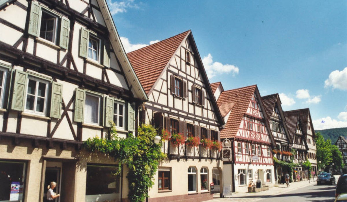 Reihe von Fachwerkhäusern in Dettingen an der Erms, Deutschland, bei sonnigem Wetter. Eine Person steht vor einem der Häuser.