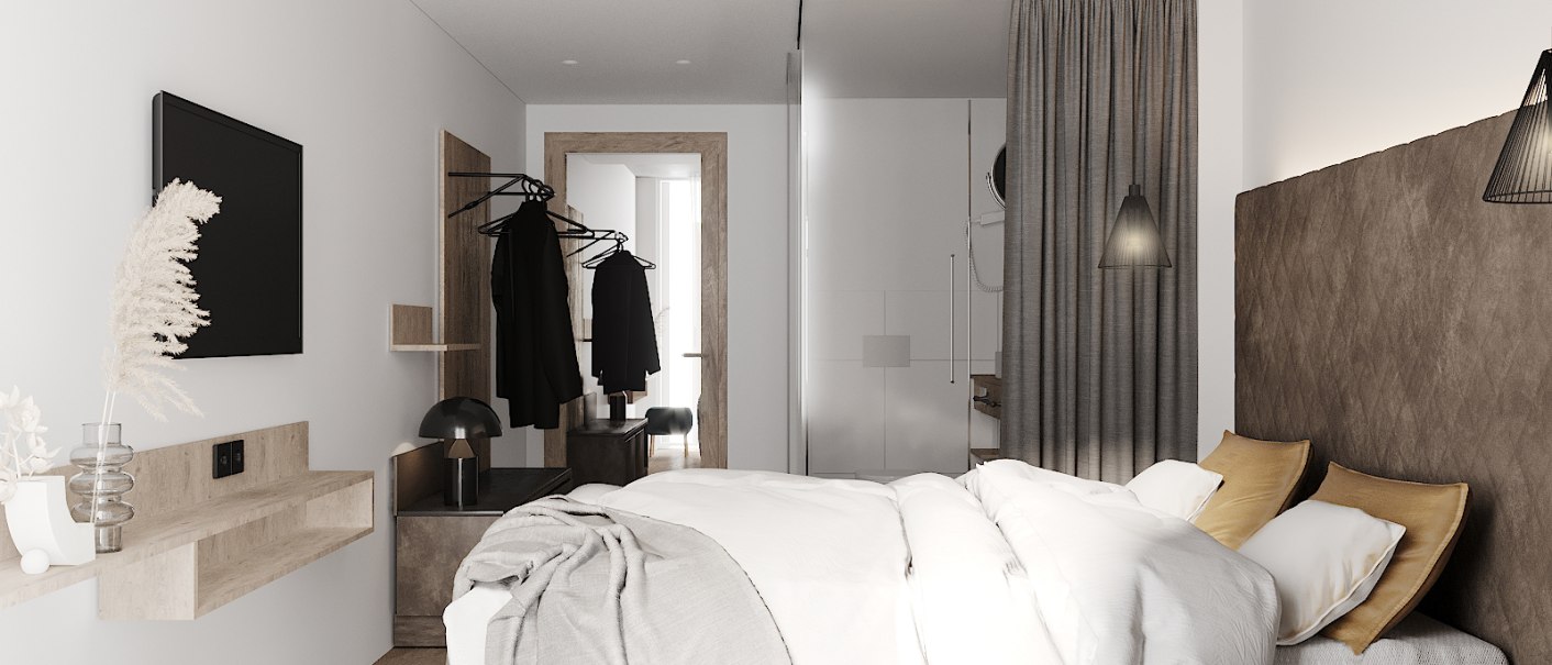 Modernes Hotelzimmer mit Doppelbett, grauen Vorhängen, TV, Kleiderstange und stilvoller Dekoration., © LOOM Hotel & Skybar Modernes Hotelzimmer mit Doppelbett, grauen Vorhängen, TV, Kleiderstange und stilvoller Dekoration., © LOOM Hotel & Skybar