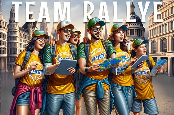 Fünf Personen in Rallye-Shirts und Kappen halten Karten und Tablets. Sie stehen vor einer städtischen Kulisse. Oben steht 'TEAM RALLYE'., © TeamEscape Stuttgart