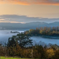 Nebelverhangene Landschaft mit Bäumen und Hügeln im Hintergrund. Der Himmel zeigt sanfte Morgenfarben, während der Nebel über den Feldern liegt., © SMG, Martina Denker Nebelverhangene Landschaft mit Bäumen und Hügeln im Hintergrund. Der Himmel zeigt sanfte Morgenfarben, während der Nebel über den Feldern liegt., © SMG, Martina Denker