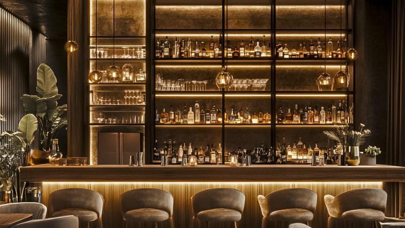 Elegante Bar mit indirekter Beleuchtung, Regale voller Flaschen und Gläser, stilvolle Hocker und Pflanzen dekorieren den Raum., © KI-generiert