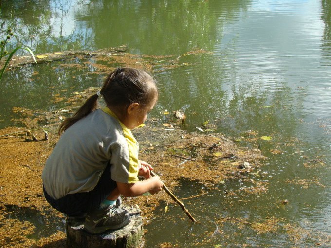 Ein Kind sitzt auf einem Baumstumpf am Teichufer und erkundet mit einem Stock das Wasser. Die Umgebung ist gr&uuml;n und ruhig., &copy; Stadt N&uuml;rtingen