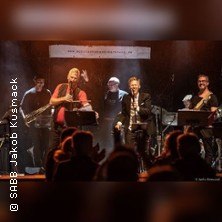 Eine Band performt auf einer B&uuml;hne vor einem begeisterten Publikum. Die Musiker spielen verschiedene Instrumente und die B&uuml;hne ist in warmes Licht getaucht., &copy; links im Bild