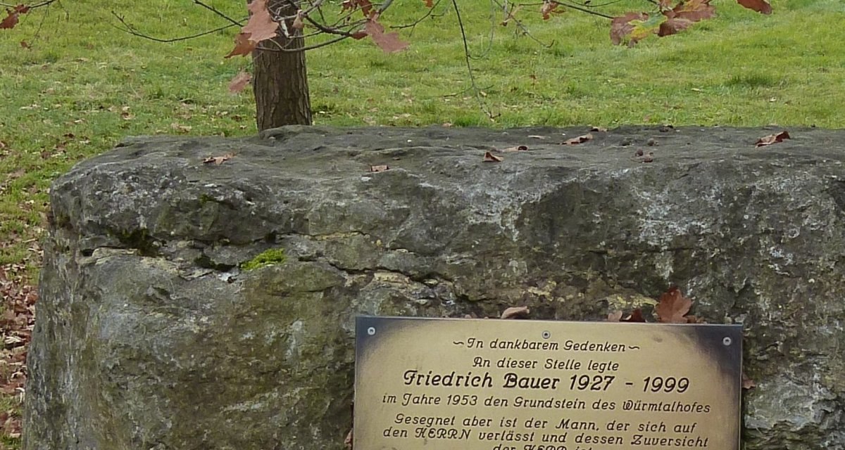 Gedenktafel für Friedrich Bauer auf einem großen Stein, umgeben von herbstlichem Laub und grüner Wiese., © Natur.Nah. Schönbuch & Heckengäu Gedenktafel für Friedrich Bauer auf einem großen Stein, umgeben von herbstlichem Laub und grüner Wiese., © Natur.Nah. Schönbuch & Heckengäu
