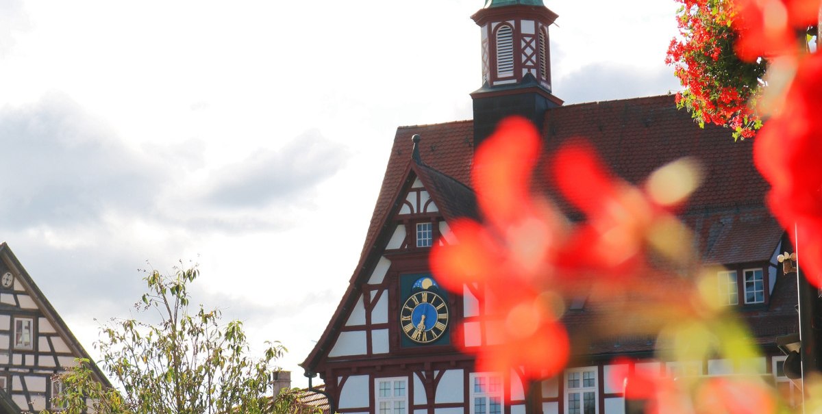 Fachwerk-Rathaus von Bad Urach mit Uhrturm, umgeben von roten Blumen und einem Baum im Vordergrund. Der Himmel ist leicht bewölkt., © Bad Urach Tourismus