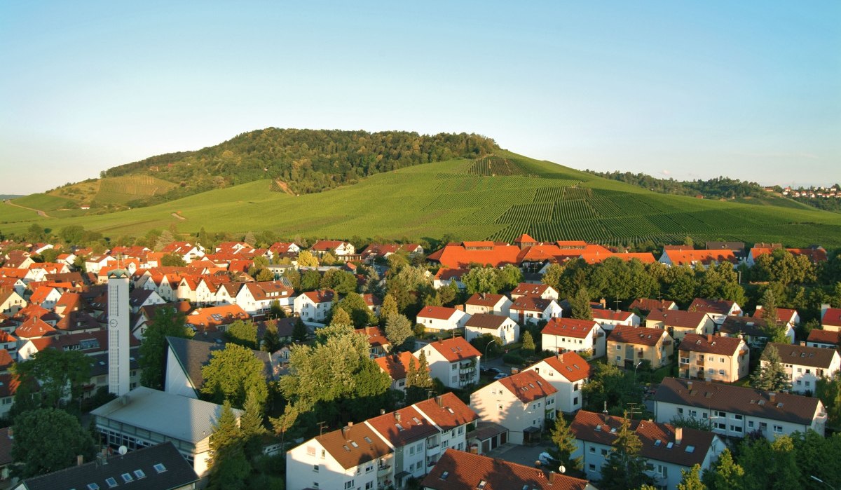 Blick auf Fellbach mit roten Dächern und grünen Weinbergen im Hintergrund bei klarem Himmel. Blick auf Fellbach mit roten Dächern und grünen Weinbergen im Hintergrund bei klarem Himmel.