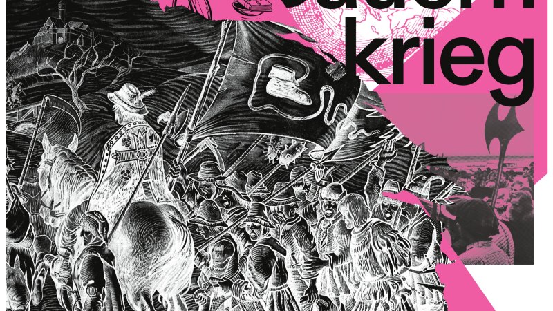 Plakat zur Ausstellung '500 Jahre Bauernkrieg' im Deutschen Bauernkriegsmuseum Böblingen. Historische Illustrationen und pinker Hintergrund dominieren das Design., © Stadt Böblingen