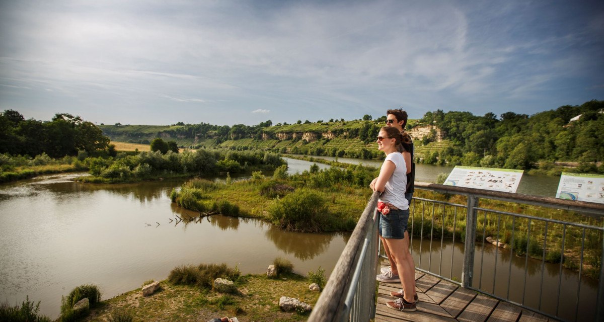 Zwei Personen auf einer Plattform blicken auf den Neckar und die grüne Landschaft. Eine Person liegt auf einer Bank am Flussufer. Himmel ist klar., © Stoppel Zwei Personen auf einer Plattform blicken auf den Neckar und die grüne Landschaft. Eine Person liegt auf einer Bank am Flussufer. Himmel ist klar., © Stoppel