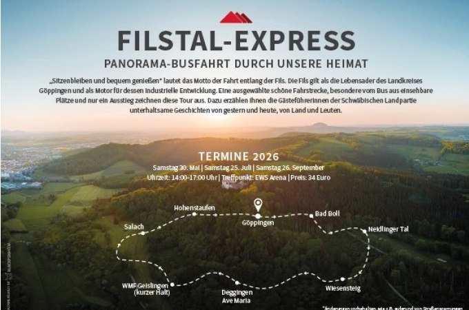 Werbung f&uuml;r den Filstal-Express, eine Panorama-Busfahrt durch die Region G&ouml;ppingen, mit Routenkarte und Terminen f&uuml;r 2026., &copy; Stadt G&ouml;ppingen
