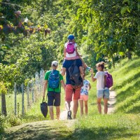Eine Familie wandert auf einem sonnigen Pfad durch grüne Streuobstwiesen. Ein Kind sitzt auf den Schultern eines Erwachsenen. Alle tragen Rucksäcke., © hochgehberge